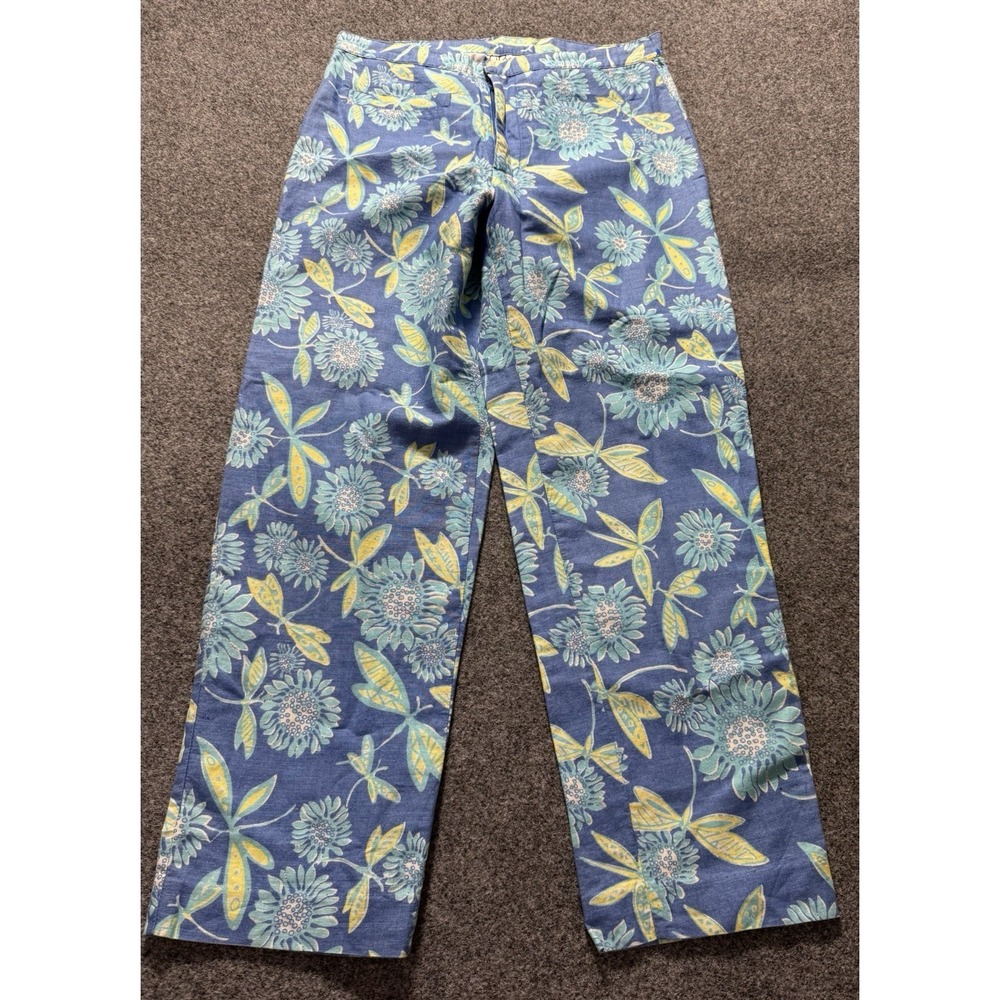 Lilly Pulitzer Linen Blend PullOn Crop Pants Size 2 Blue Yellow Dragonfly Flower